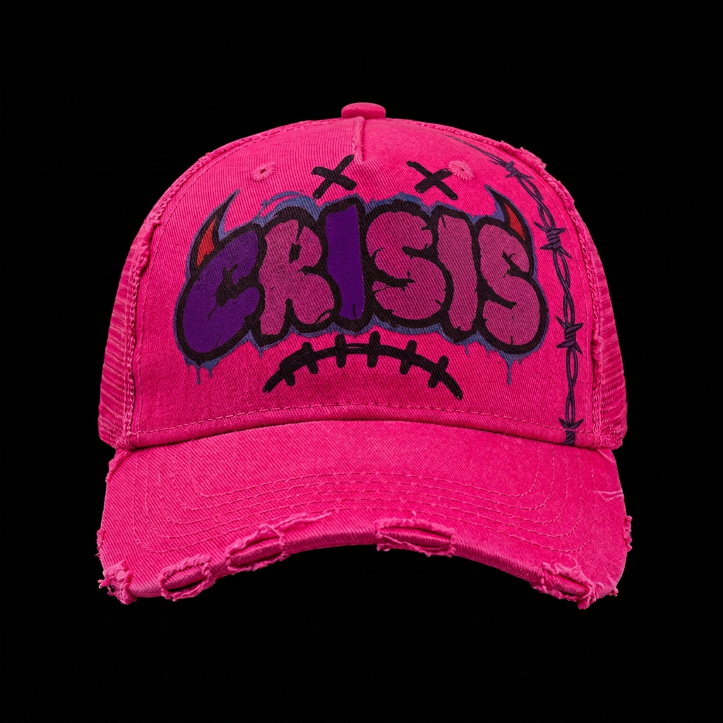 Hot pink CRISIS hat with purple C and I