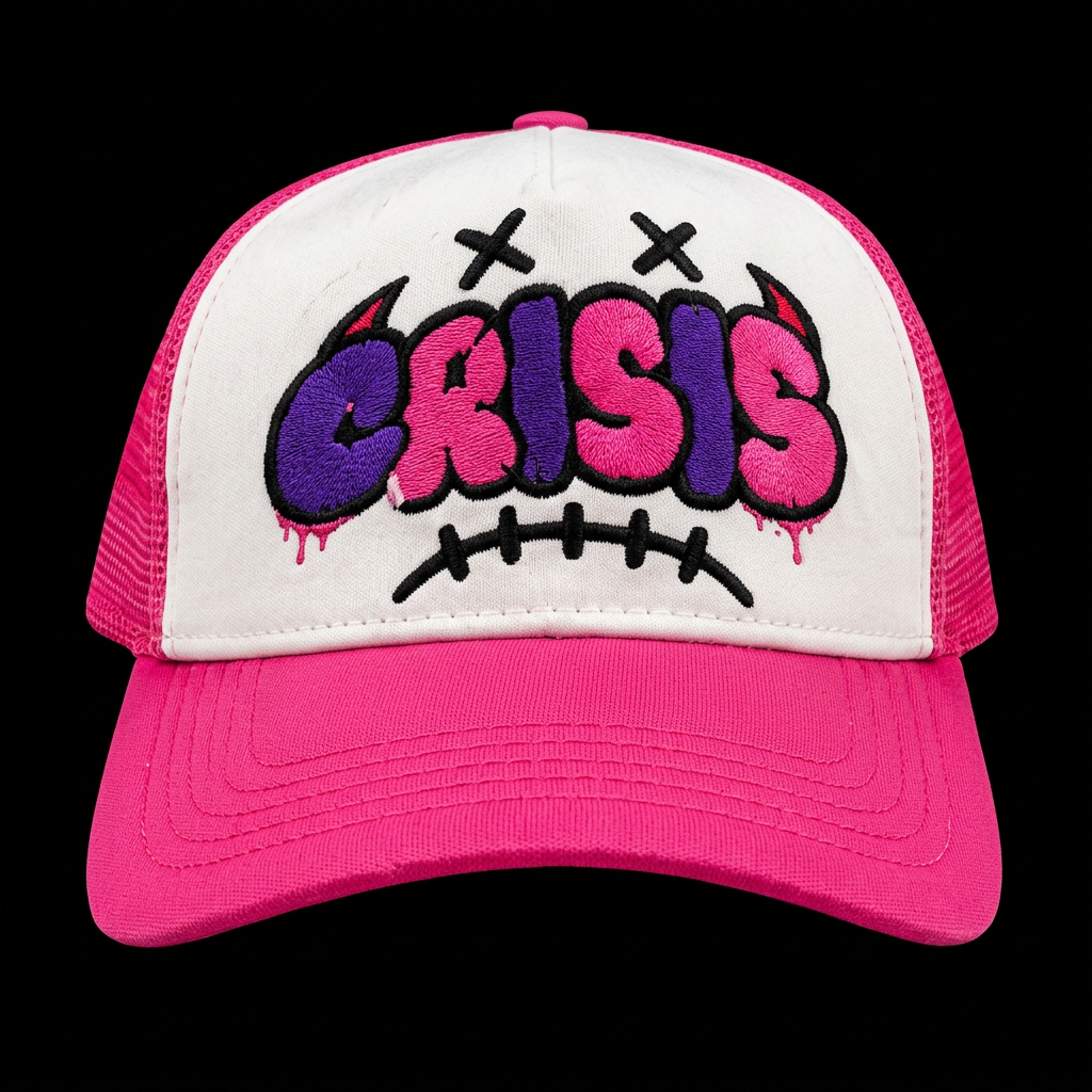 Pink and white CRISIS trucker hat